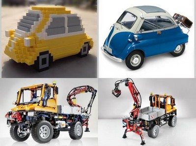 上圖為樂高按1:3比例拼搭的寶馬經典微車 Isetta，下圖為樂高拼砌的奔馳 Unimog U 400工程車。